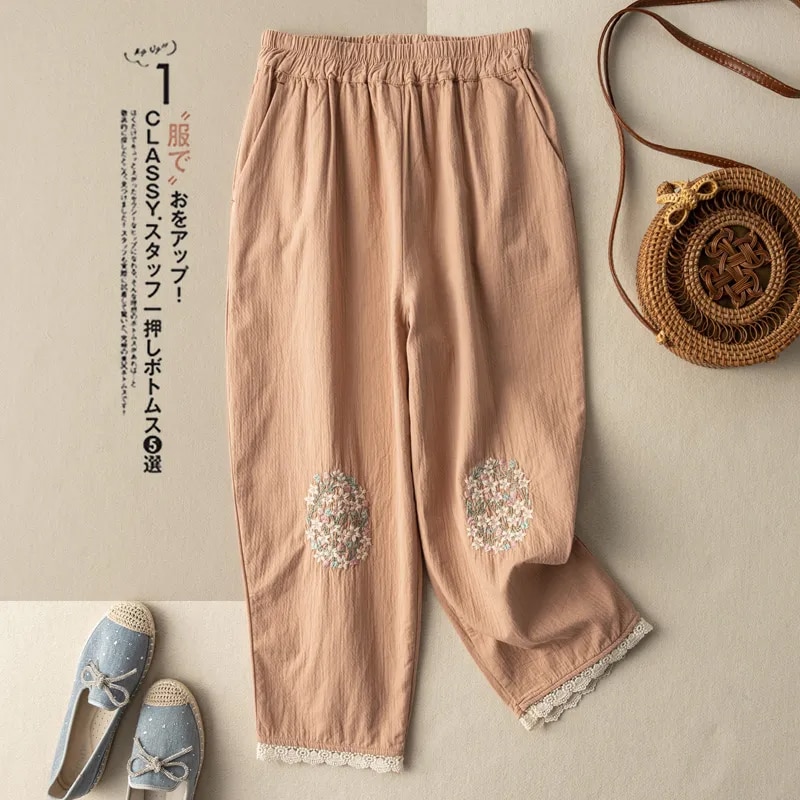 Cotton and linen embroidered casual pants women&s summer new fashion literary retro loose lace lace nine-point harem pants
